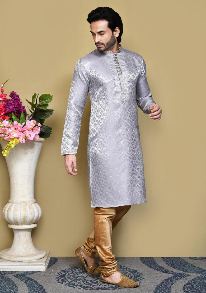 Grey Woven Silk Kurta Set For Men