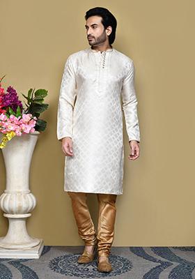 Cream Woven Silk Kurta Set For Men
