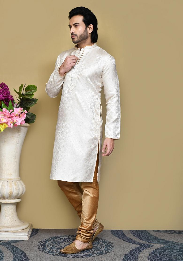 Cream Woven Silk Kurta Set For Men