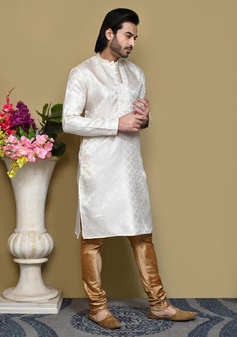 Cream Woven Silk Kurta Set For Men