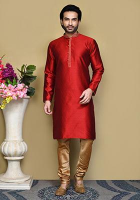 Maroon Woven Silk Kurta Set For Men