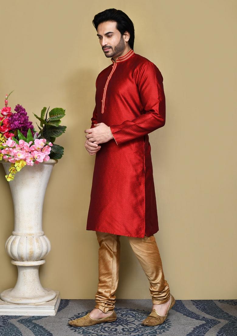 Maroon Woven Silk Kurta Set For Men