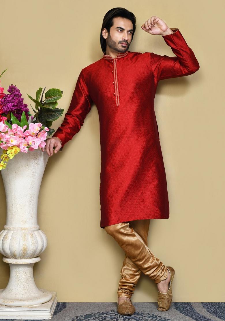 Maroon Woven Silk Kurta Set For Men