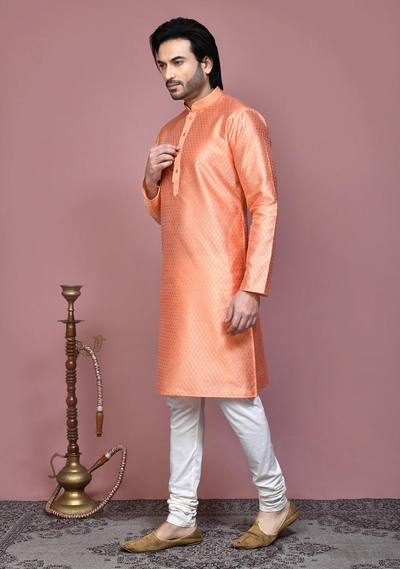 Rust Woven Silk Kurta Set For Men