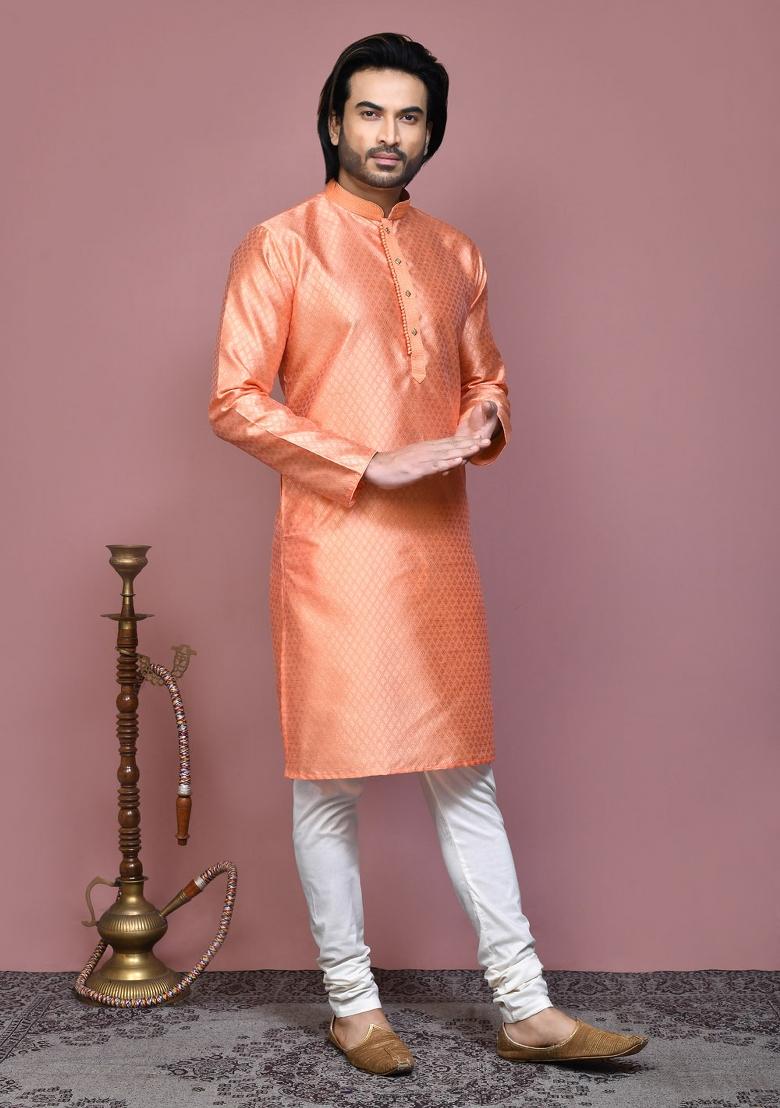 Rust Woven Silk Kurta Set For Men