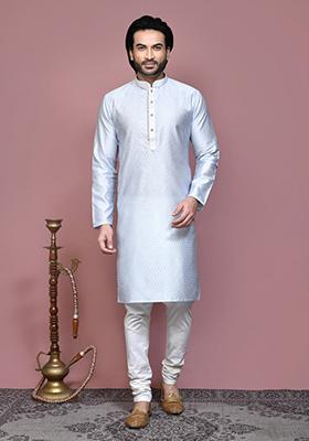 Grey Woven Silk Kurta Set For Men