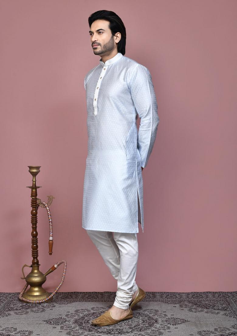 Grey Woven Silk Kurta Set For Men