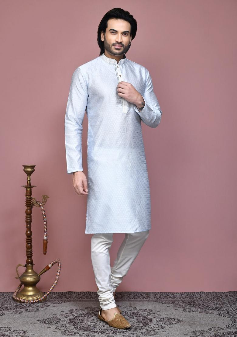 Grey Woven Silk Kurta Set For Men