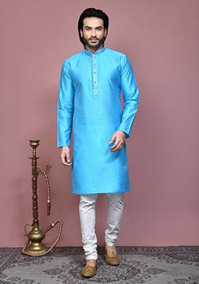 Firozi Woven Silk Kurta Set For Men