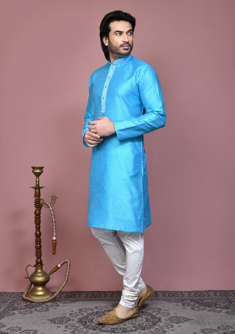 Firozi Woven Silk Kurta Set For Men