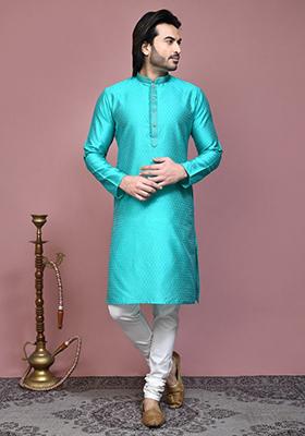 Green Woven Silk Kurta Set For Men