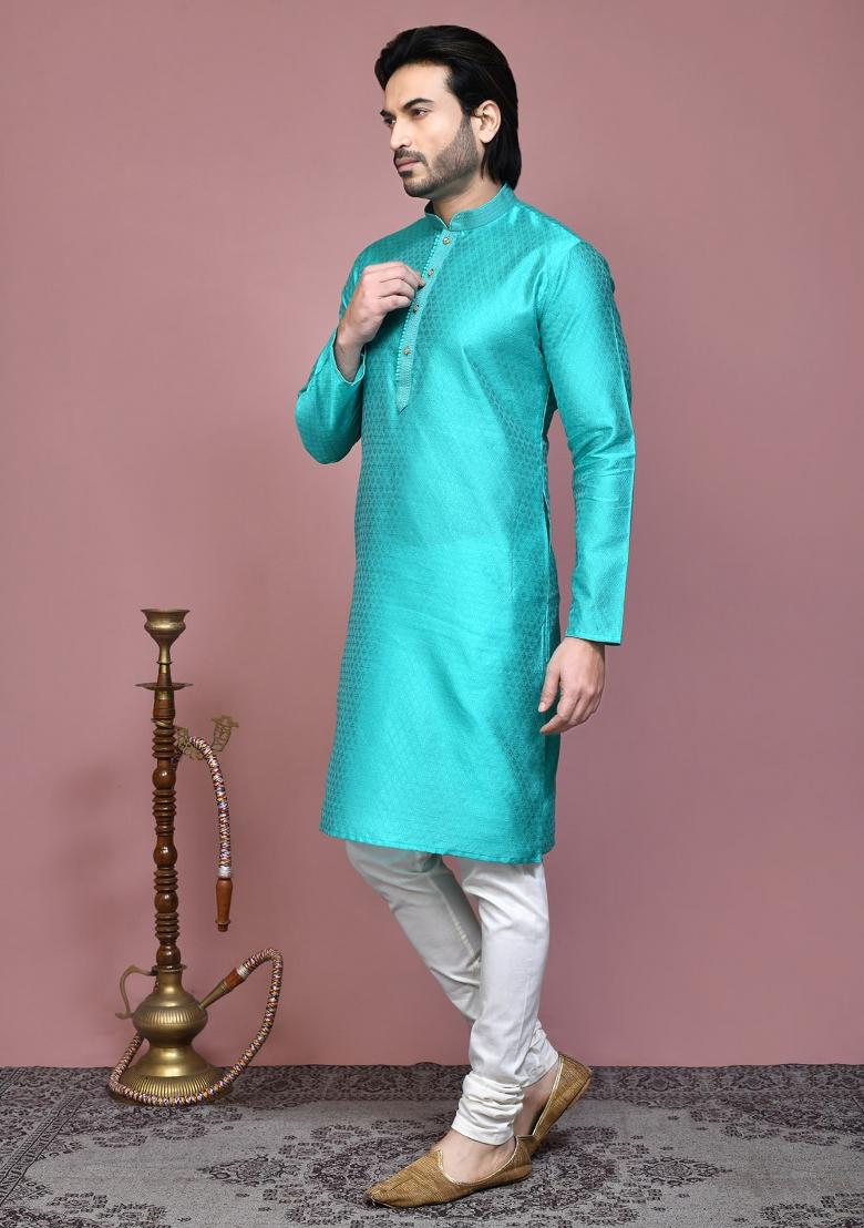 Green Woven Silk Kurta Set For Men
