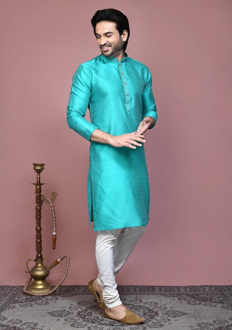 Green Woven Silk Kurta Set For Men