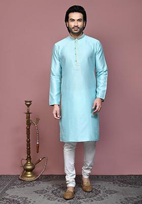 Green Woven Silk Kurta Set For Men