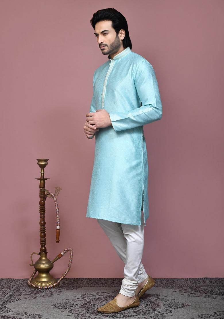 Green Woven Silk Kurta Set For Men