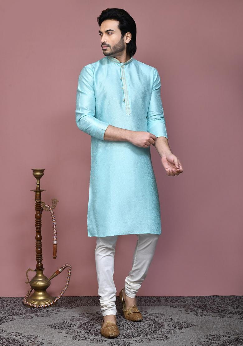 Green Woven Silk Kurta Set For Men