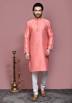 Rust Woven Silk Kurta Set For Men