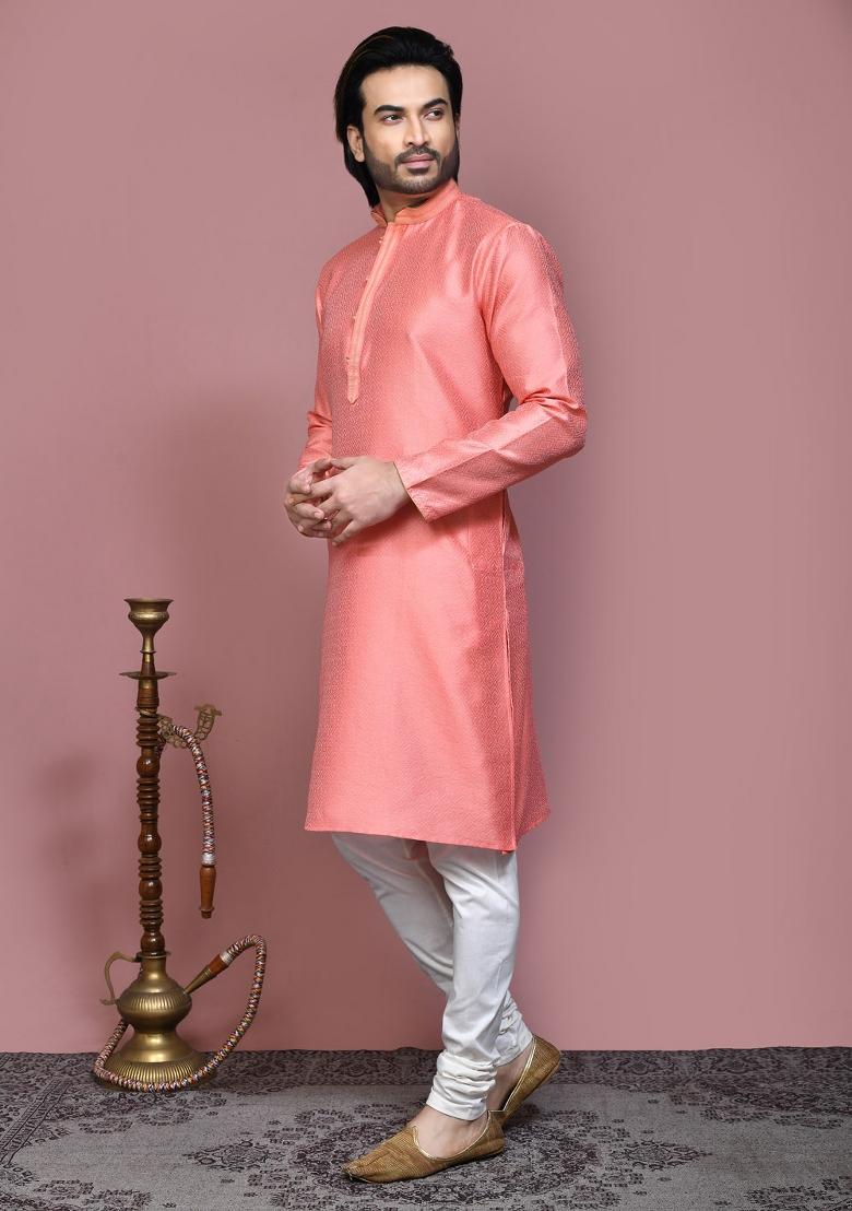 Rust Woven Silk Kurta Set For Men