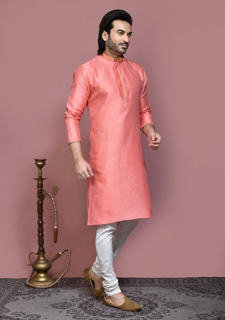 Rust Woven Silk Kurta Set For Men