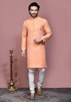 Rust Woven Silk Kurta Set For Men