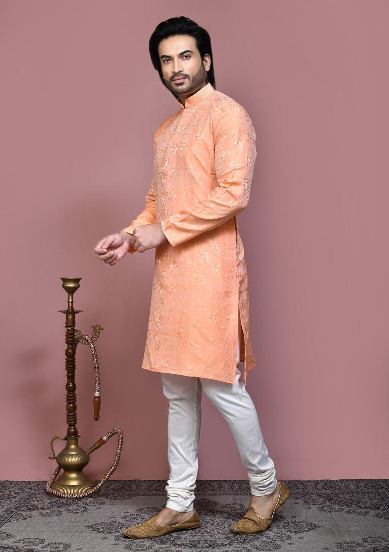 Rust Woven Silk Kurta Set For Men