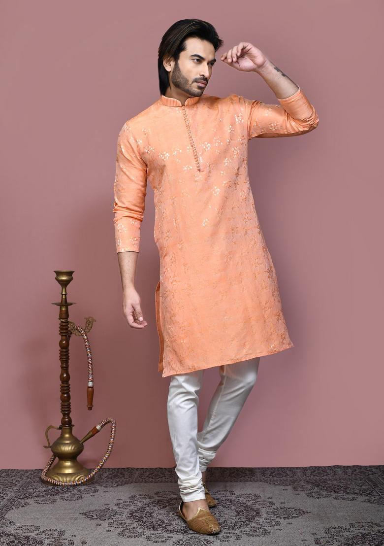 Rust Woven Silk Kurta Set For Men