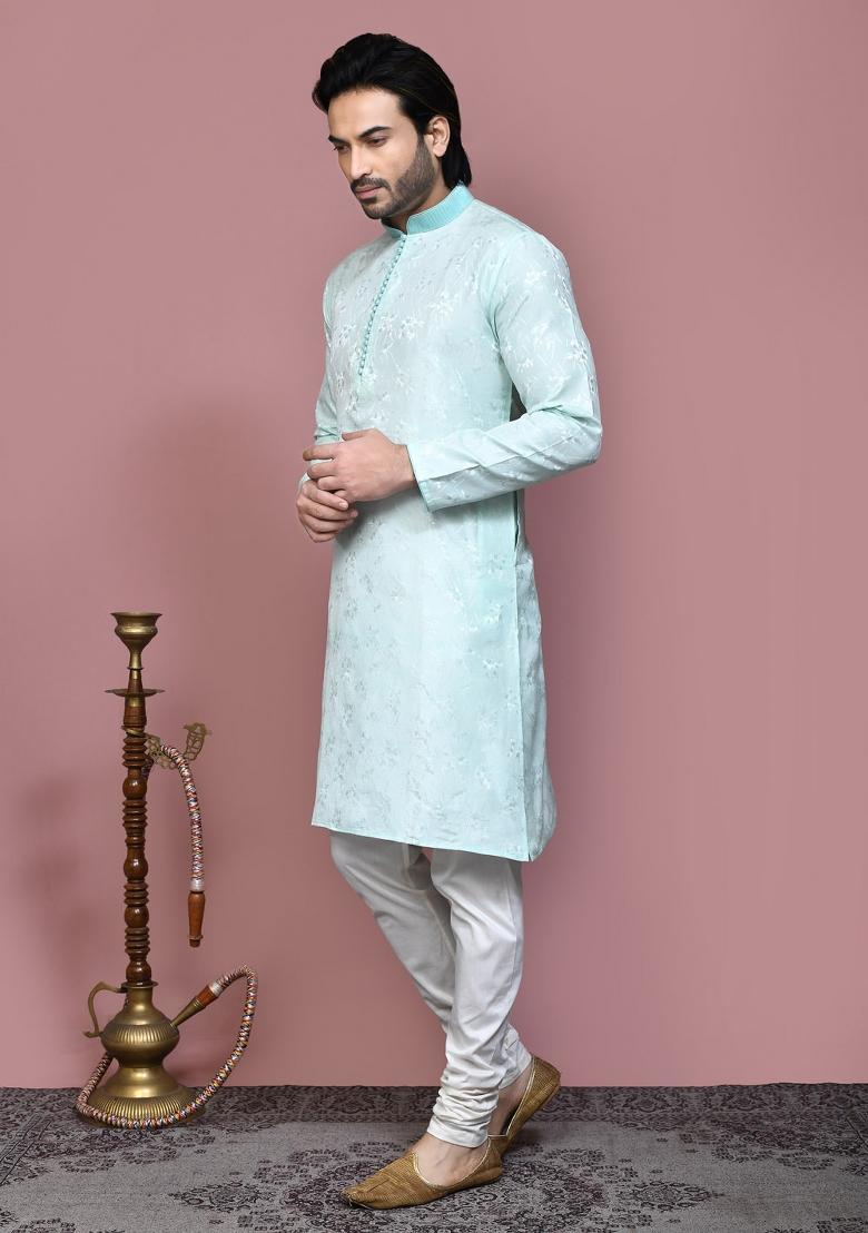 Green Woven Silk Kurta Set For Men