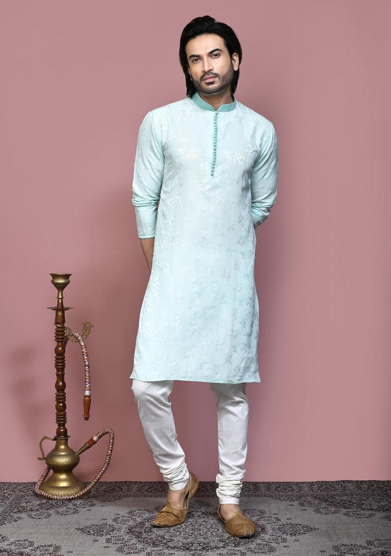 Green Woven Silk Kurta Set For Men