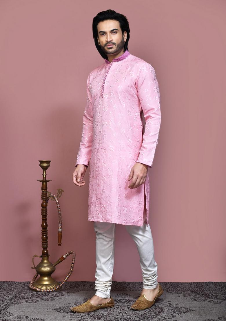 Pink Woven Silk Kurta Set For Men