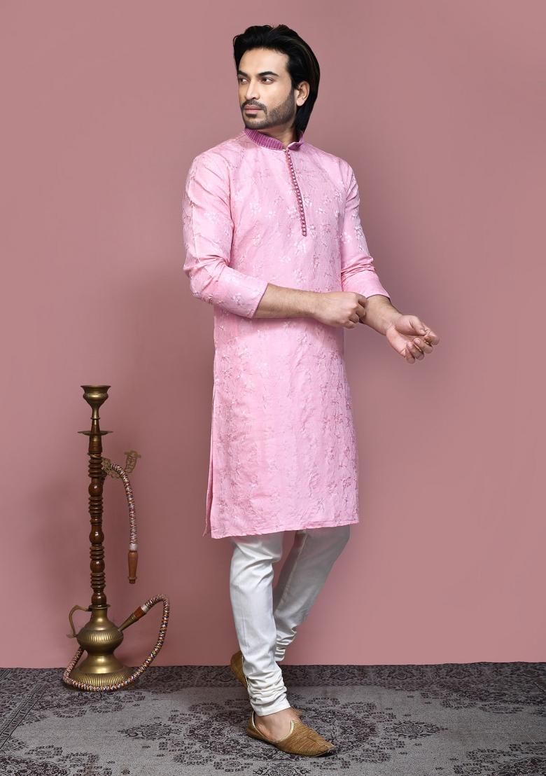 Pink Woven Silk Kurta Set For Men