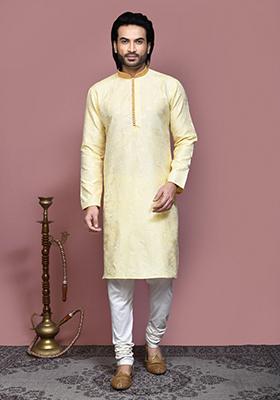 Gold Woven Silk Kurta Set For Men