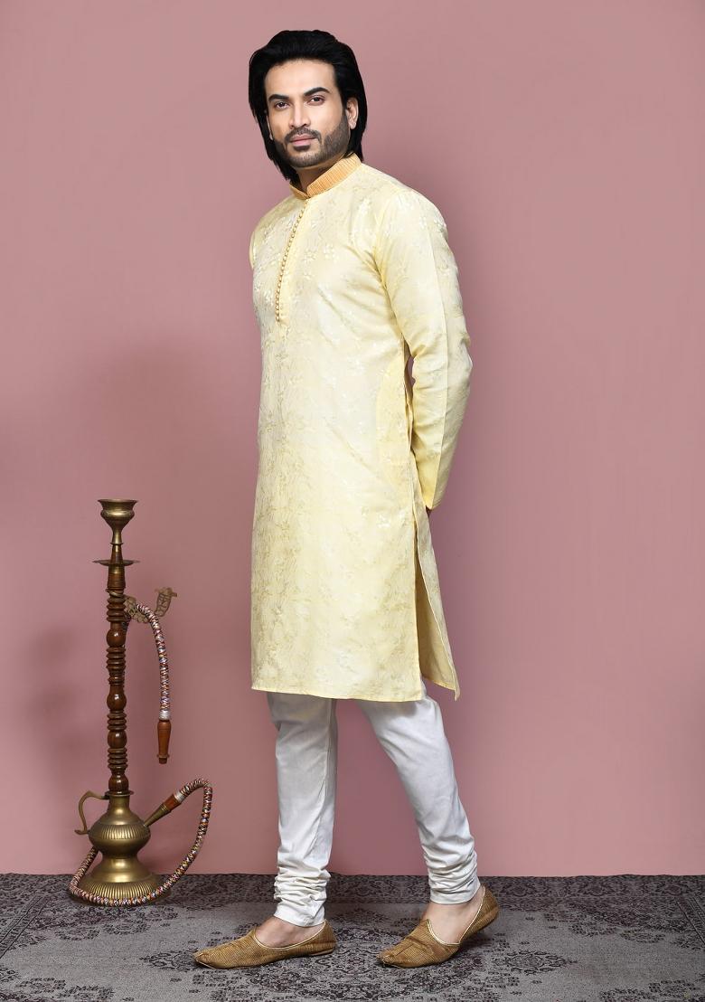 Gold Woven Silk Kurta Set For Men