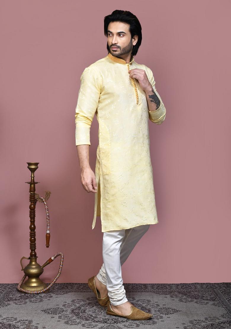 Gold Woven Silk Kurta Set For Men