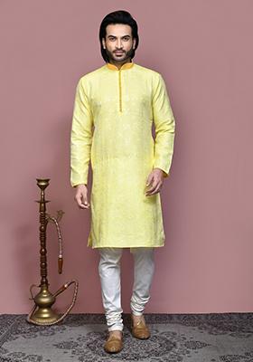 Yellow Woven Silk Kurta Set For Men