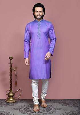 Purple Solid Cotton Blend Kurta Set For Men