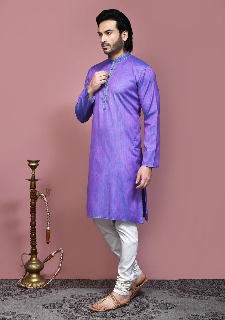 Purple Solid Cotton Blend Kurta Set For Men