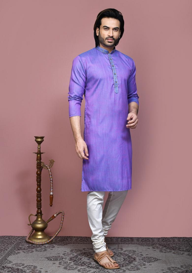 Purple Solid Cotton Blend Kurta Set For Men