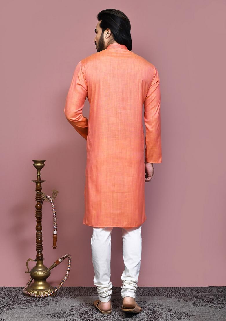 Orange Solid Cotton Blend Kurta Set For Men