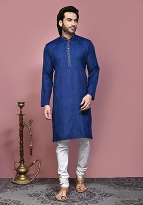 Blue Solid Cotton Blend Kurta Set For Men