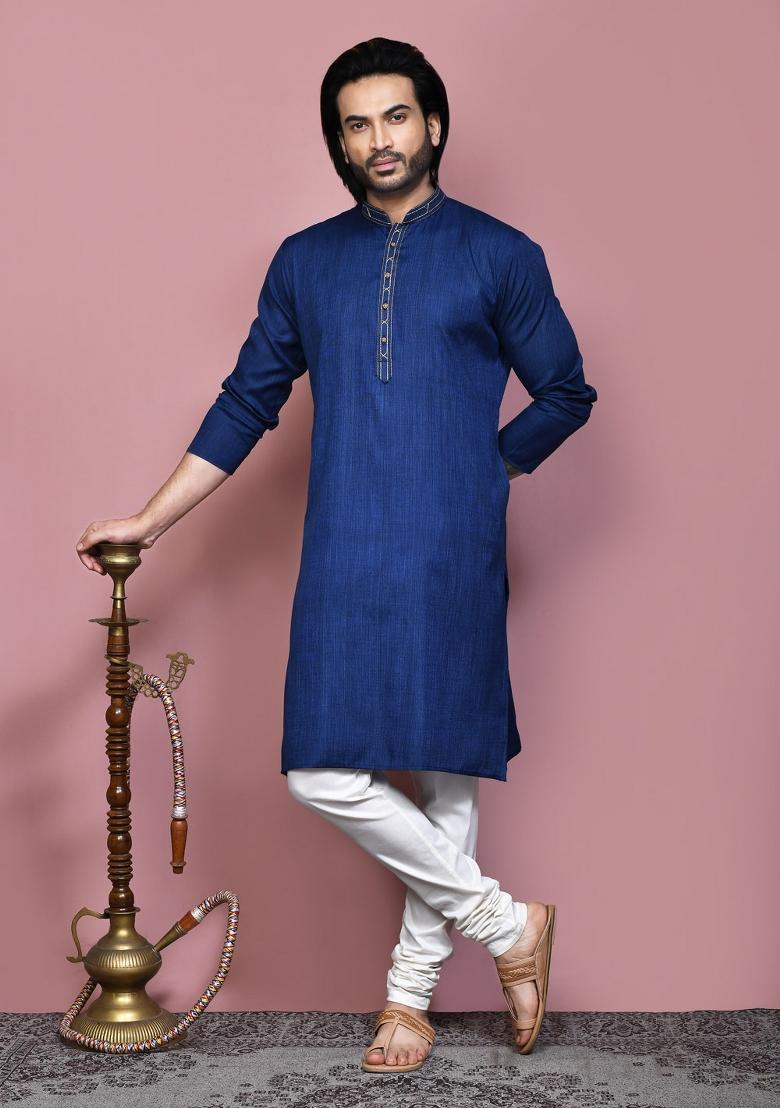 Blue Solid Cotton Blend Kurta Set For Men