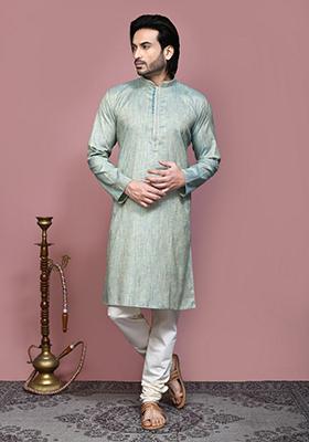Pista Green Solid Cotton Blend Kurta Set For Men