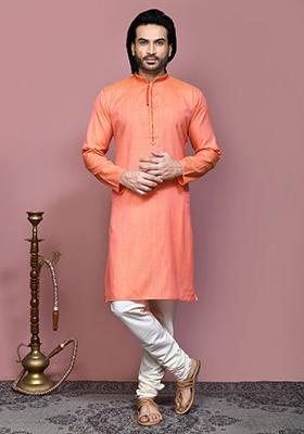 Orange Solid Cotton Blend Kurta Set For Men