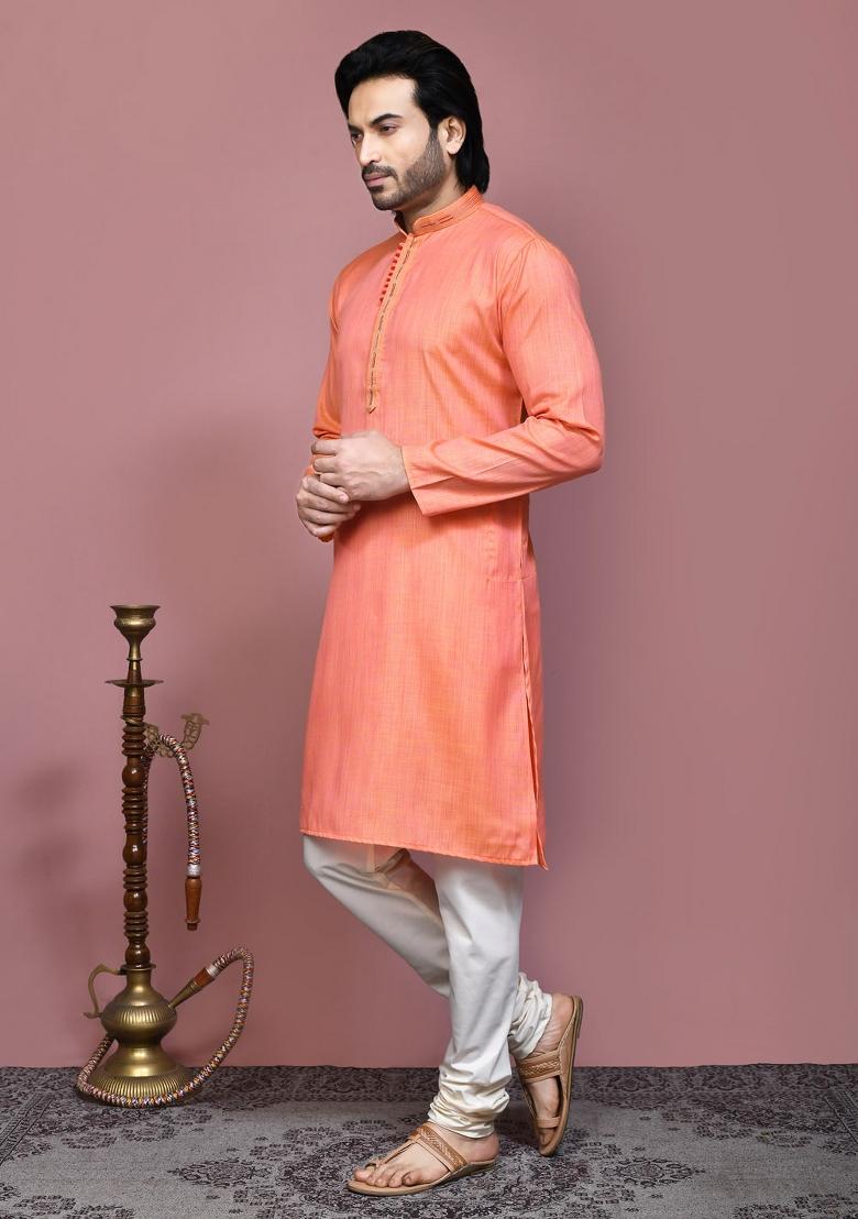 Orange Solid Cotton Blend Kurta Set For Men