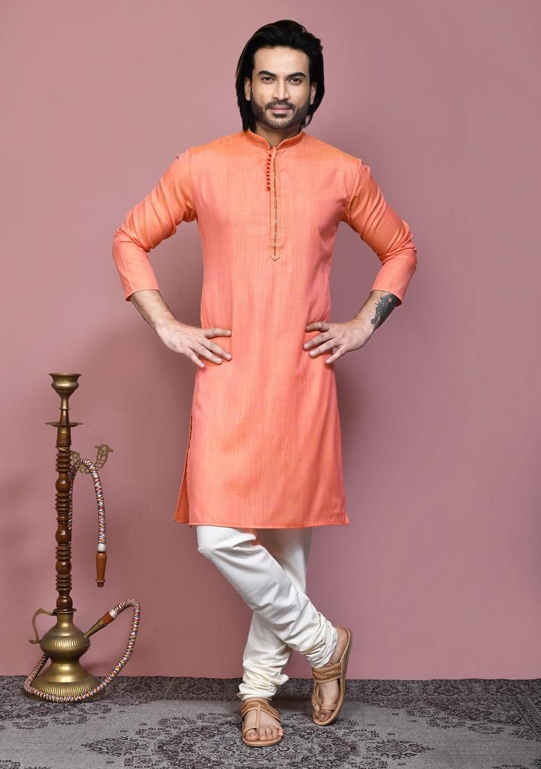Orange Solid Cotton Blend Kurta Set For Men
