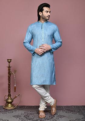 Sky Blue Solid Cotton Blend Kurta Set For Men
