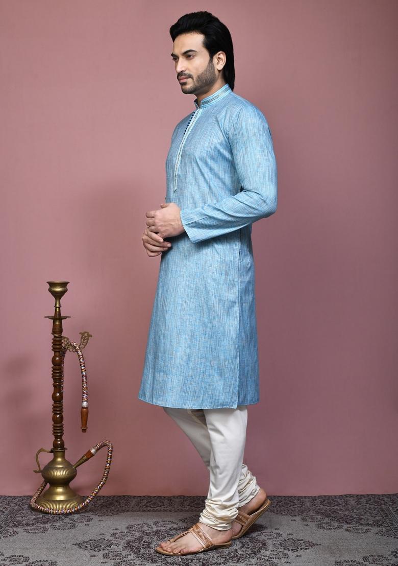 Sky Blue Solid Cotton Blend Kurta Set For Men
