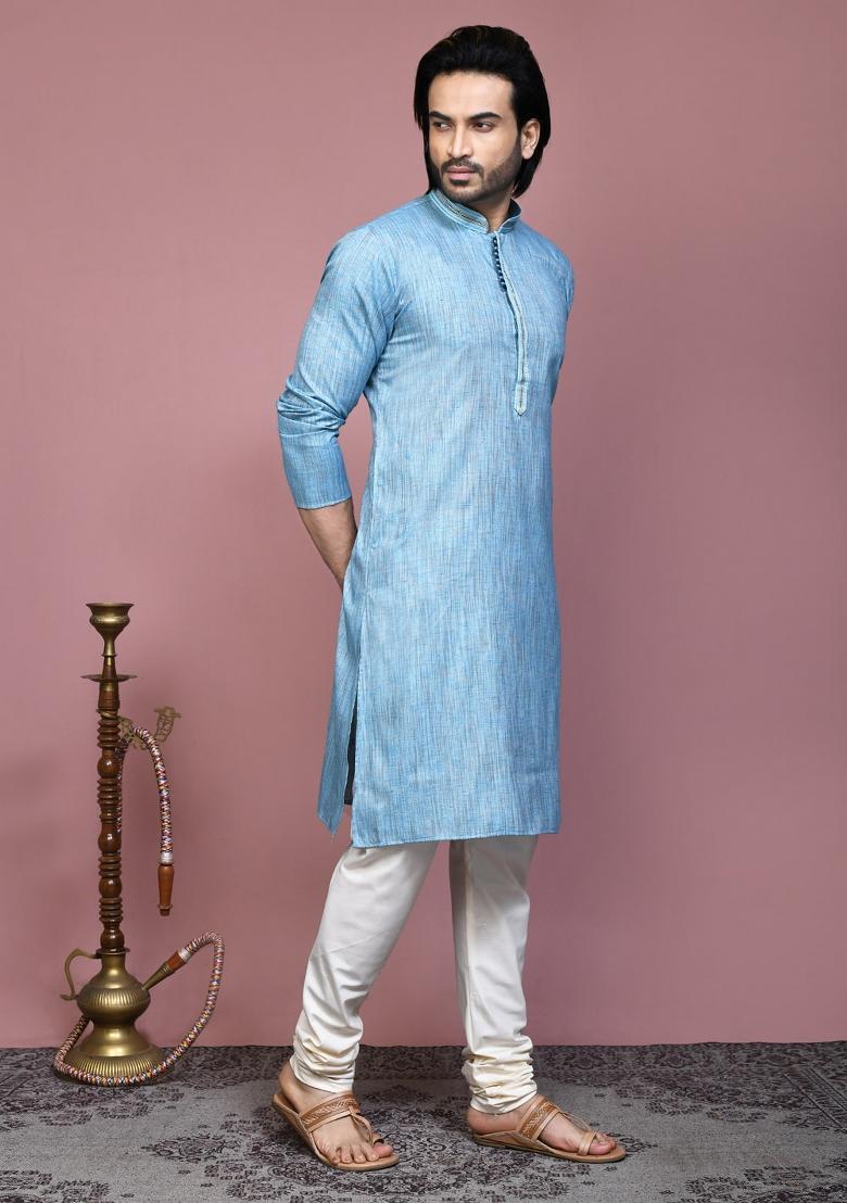 Sky Blue Solid Cotton Blend Kurta Set For Men