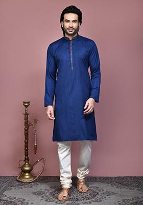 Blue Solid Cotton Blend Kurta Set For Men