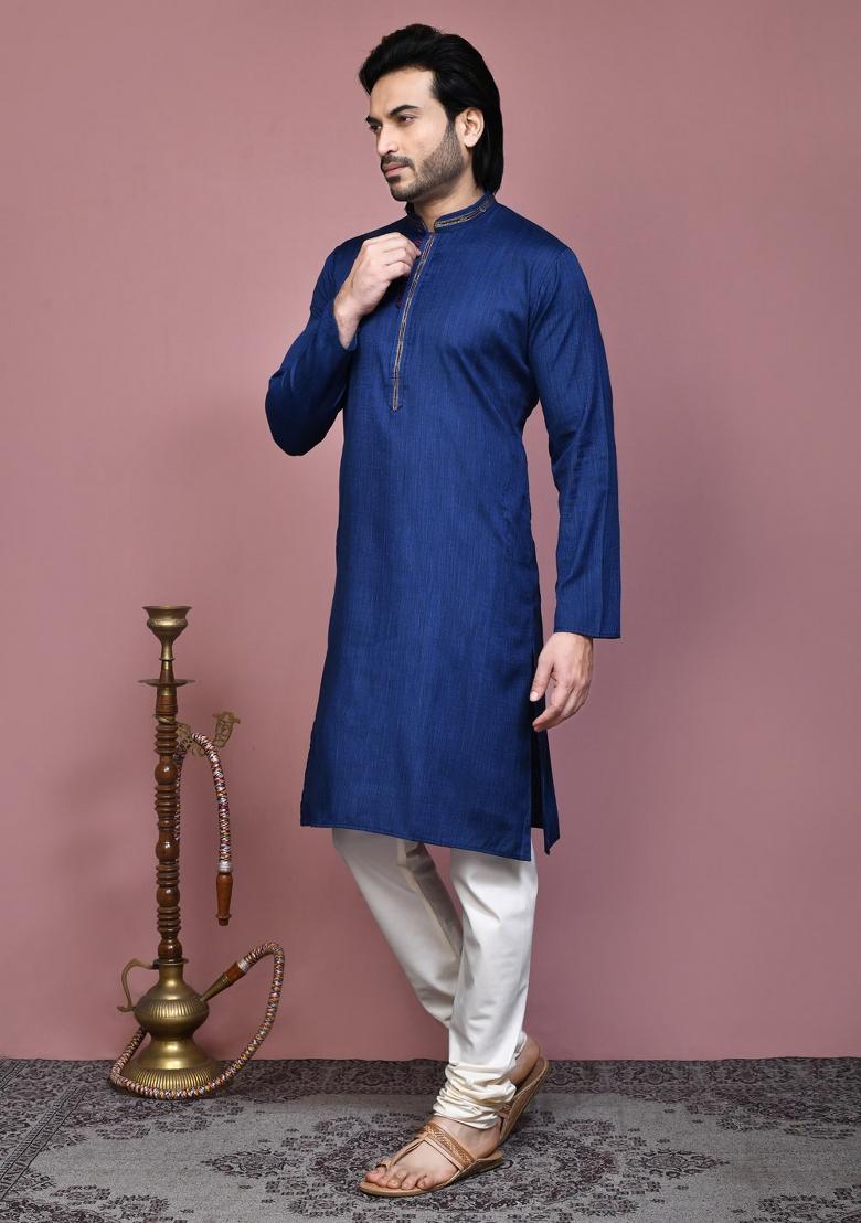 Blue Solid Cotton Blend Kurta Set For Men