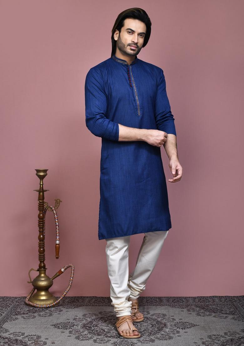 Blue Solid Cotton Blend Kurta Set For Men